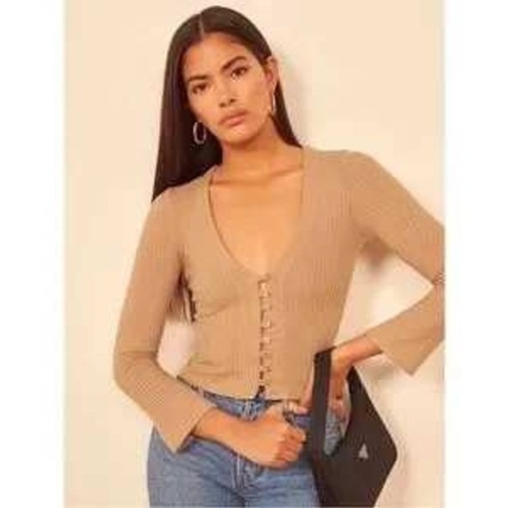 Reformation Ribbed Knit V-Neck Button‎ Front Cardigan Top Camel Tan Small